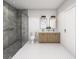 Modern bathroom with a glass-enclosed shower, double vanity, and hexagonal tile flooring at 1804 Nimbus Dr, North Port, FL 34287