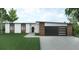 Modern single-story home with a flat roof, a black garage door, and wood and white siding at 1804 Nimbus Dr, North Port, FL 34287