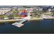Scenic lake view featuring a boat dock, red boathouse, and waterfront access for community residents at 19825 Bridgetown Loop, Venice, FL 34293