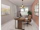 Bright home office with wood desk, stylish chandelier, and neutral decor at 208 Corelli Dr, Nokomis, FL 34275