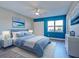 Stylishly decorated bedroom featuring a large bed, blue accent wall, and plenty of natural light streaming in from the window at 429 Cerromar Ln # 352, Venice, FL 34293