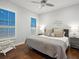 Comfortable guest bedroom offering wood flooring, ceiling fan and shutters for enhanced privacy at 48 Grande Fairway, Englewood, FL 34223
