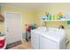 Functional laundry room with washer, dryer, storage shelves, and an exterior door at 1440 Overbrook Rd, Englewood, FL 34223