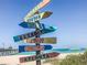 Beach sign pointing to various cities along the ocean with pier in the background under clear sky at 19893 Cobblestone Cir, Venice, FL 34292