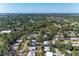 A high aerial view shows this neighborhood surrounded by mature trees, blue skies and lush landscaping at 2641 Hyde Park St, Sarasota, FL 34239