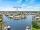 Gorgeous aerial view of waterfront homes with docks, lush landscaping and Downtown St Pete skyline in the distance at 4255 13Th Ne Ln, St Petersburg, FL 33703