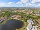 An aerial view showcasing a golf course, lake, and residential area, presenting a community surrounded by green spaces at 442 Sunset Lake Blvd # 104, Venice, FL 34292