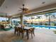 Outdoor dining area on a screened patio overlooking a pool and waterfront view at sunset at 5035 Collingswood Blvd, Port Charlotte, FL 33948