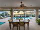 Covered patio featuring a dining table with views of the pool and waterfront at sunset at 5035 Collingswood Blvd, Port Charlotte, FL 33948