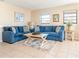 Cozy living room featuring a comfortable blue sofa, decorative pillows, and a rustic wooden coffee table on a stylish rug at 510 Airport E Ave # 2C, Venice, FL 34285