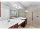 Bright bathroom featuring double sinks, large mirror, walk-in shower and soaking tub at 2094 Mesic Hammock Way, Venice, FL 34292