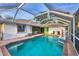 Screened pool area with brick-paved deck, fountain, and an outdoor dining area for entertainment at 4305 Sandune Ave, North Port, FL 34287