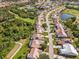 Aerial view featuring well-maintained streets, houses, lakes and the manicured golf course at 8300 Parkside Dr, Englewood, FL 34224