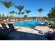 Community pool with lounge chairs, palm trees, and clear blue water on a sunny day at 13150 Huerta St, Venice, FL 34293