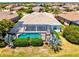 Aerial shot of a backyard featuring a screened-in pool, lush landscaping, and privacy at 20126 Elegante Ct, Venice, FL 34293