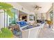 Covered patio with comfortable seating, ceiling fan and views of the pool at 20126 Elegante Ct, Venice, FL 34293