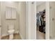 Well-maintained bathroom featuring a toilet, vanity, and an adjacent closet at 268 Ibiza Loop, Venice, FL 34292