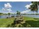 Beautiful lakeside picnic area with wooden picnic table and benches, lush green grass, and tranquil water views at 379 Harbor Isles Dr, North Port, FL 34287