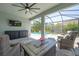 Cozy covered patio with a ceiling fan, TV, outdoor furniture, and a view of the screened-in pool at 5632 Long Shore Loop, Sarasota, FL 34238