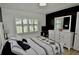 Stylish bedroom featuring white furniture, decorative pillows, and a modern black and white aesthetic at 611 Paget Dr, Venice, FL 34293