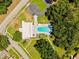Aerial view of community pool, clubhouse, parking lot and neatly manicured grounds at 810 Anchorage Ln, Palm Harbor, FL 34685