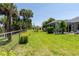 Expansive backyard with verdant lawn, tropical palm trees, and screened in patio at 1124 W Hillsborough Blvd, North Port, FL 34288