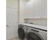 Modern laundry room with front-loading washer and dryer, white cabinets, and sleek countertops at 13202 Borrego St, Venice, FL 34293