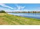 A serene pond surrounded by well-maintained lawns and nearby houses at 20246 Pezzana Dr, Venice, FL 34292