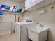 This laundry room has a washer, sink, and overhead shelving providing lots of storage space at 275 Capulet Dr, Venice, FL 34292