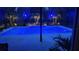 Tranquil screened pool at night with palm trees, landscape lighting, and blue lighting at 348 Dorchester Dr, Venice, FL 34293
