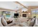 Inviting living room featuring vaulted ceilings, a fireplace, and access to the pool area at 511 Governors Green Dr, Venice, FL 34293