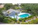 Stunning aerial view of a community pool surrounded by lush greenery, palm trees, and comfortable lounge chairs at 542 Clubside Cir # 20, Venice, FL 34293