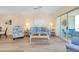 Cozy living room featuring comfortable blue furniture, light wood floors, and sliding glass doors to the lanai at 1018 Wexford Blvd # 1018, Venice, FL 34293