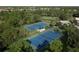 Aerial view of two tennis courts and a covered seating area surrounded by lush landscaping at 12478 Sagewood Dr, Venice, FL 34293