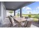 Covered patio featuring dining table with six chairs overlooking landscaped backyard at 18001 Grand Prosperity Dr, Venice, FL 34293
