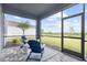 Covered patio featuring comfortable blue seating area with a view of backyard at 18001 Grand Prosperity Dr, Venice, FL 34293