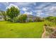 Manicured backyard features mature trees, lush green grass, and established landscaping along the property's border at 2000 Jasmine Way, North Port, FL 34287