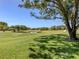 Picturesque view of the lush green golf course and pond under a clear blue sky at 2022 Calusa Lakes Blvd, Nokomis, FL 34275