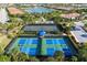 Aerial view of the tennis and pickle ball courts with lighting and lush tropical landscaping in the background at 5856 Semolino St, Nokomis, FL 34275