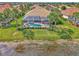 Aerial view showcasing the pool, screened-in lanai, and beautifully landscaped backyard with lake frontage at 138 Rimini Way, North Venice, FL 34275