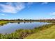 Scenic lake view showcases waterfront property with a neighborhood of houses reflecting in the water at 19337 Cruise Dr, Venice, FL 34292