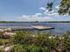 Scenic view of a community dock on a tranquil lake, surrounded by lush greenery and a clear blue sky with fluffy clouds at 20660 Ovid Ln, Venice, FL 34293