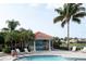 Outdoor pool area with gazebo and chairs surrounded by lush palm trees at 515 Sawgrass Bridge Rd, Venice, FL 34292
