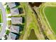 Aerial view of rooftops in a neighborhood featuring green spaces and a winding pond, creating a peaceful environment at 5222 Granite Dust Pl, Palmetto, FL 34221