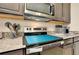 Close-up of kitchen featuring stainless steel appliances, granite countertops, and dark wood cabinets at 5222 Granite Dust Pl, Palmetto, FL 34221