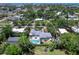 An aerial view showcases the property, featuring a private pool and landscaped backyard, enveloped by mature trees at 607 Bay Point Ave, Nokomis, FL 34275