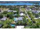 An aerial view shows the property nestled in a neighborhood with a private backyard and a sparkling pool at 607 Bay Point Ave, Nokomis, FL 34275