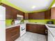 Efficient kitchen design with ample cabinet space, white countertops, and bright green walls at 607 Bay Point Ave, Nokomis, FL 34275