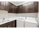 Functional laundry room featuring dark cabinets, white countertops, a sink, and a modern washer and dryer at 13873 Karina St, Venice, FL 34293
