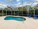 This screened-in pool has a handrail, shallow steps, and is surrounded by tropical vegetation at 143 Braemar Ave, Venice, FL 34293